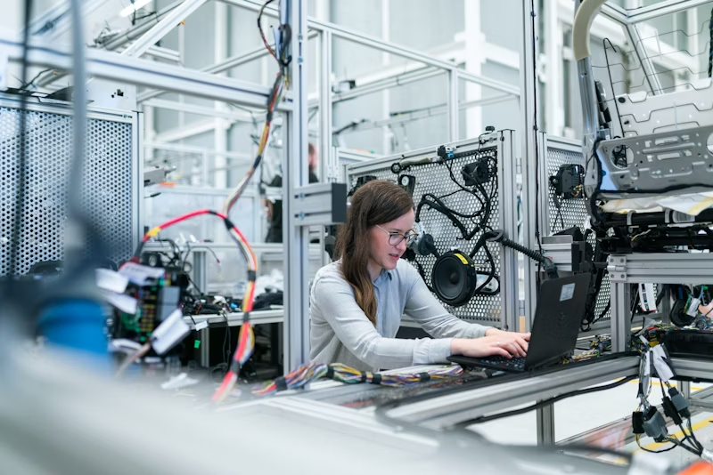 Mujer trabajando en un entorno de automatización industrial, utilizando una computadora portátil para optimizar procesos de inteligencia artificial y soluciones automatizadas.